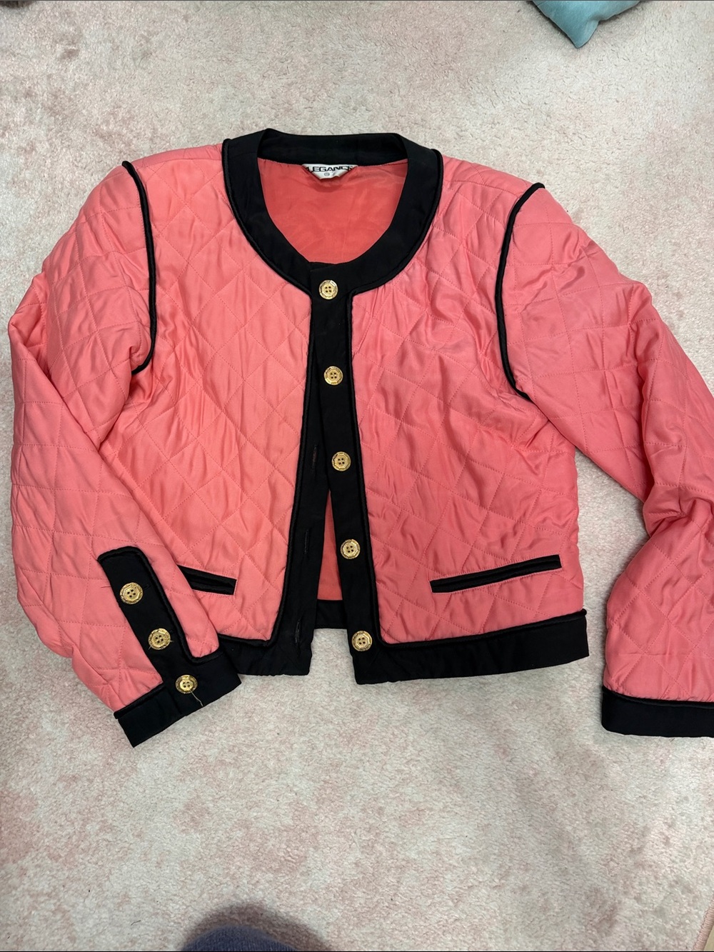 Vintage Silk Quilted Pink Contrast-Trim Jacket